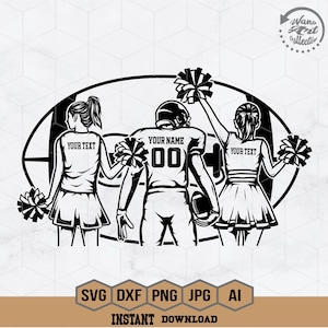 May include: Black and white illustration of a football player with two cheerleaders. The football player is wearing a jersey with the text "YOUR NAME" and the number "00". The cheerleaders are holding pom-poms and wearing skirts with the text "YOUR TEXT".