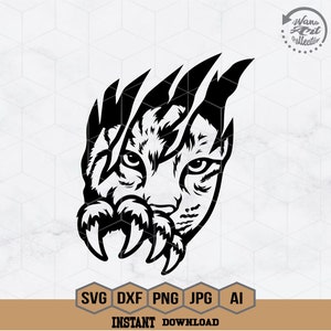 Puede incluir: Ilustración vectorial en blanco y negro de la cara de un tigre que asoma por detrás de sus garras. Los ojos del tigre están bien abiertos y su boca está ligeramente abierta. Las garras son afiladas y puntiagudas.