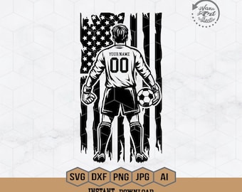 May include: Black and white silhouette of a soccer player standing in front of an American flag. The player is wearing a jersey with the text "YOUR NAME" and the number "00".