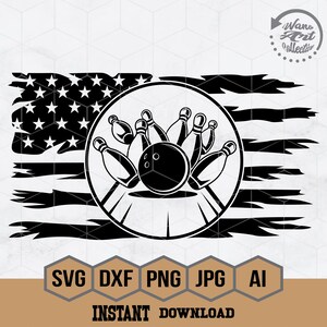 May include: Black and white illustration of a bowling ball and pins in a circle, with a distressed American flag behind it.
