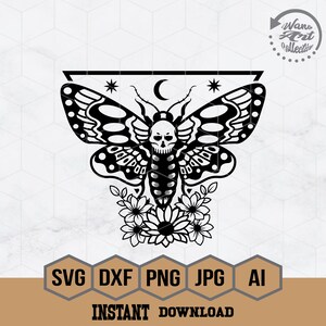 Death Head Moth Svg | Floral Moth Svg | Flower Moth Svg | Moon Phase Mystical Crescent Svg | Gothic Svg | Halloween Clipart Vector Png Dxf