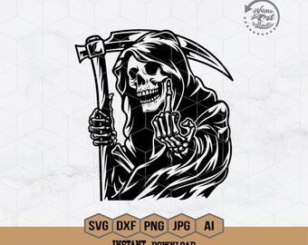 Grim Reaper Middle Finger Svg | Skeleton Svg | Death Svg | Horror T-Shirt | Halloween Svg | Scythe Svg | Grim Reaper Decal | Png Dxf Eps Ai