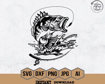Bass Fishing Svg, Fishing Svg, Bass Fish Svg, Bass Clipart, Bass Vector, Bass Cricut, Bass Cut file, Fish Svg, Fish Hook Svg, Fishing PNG