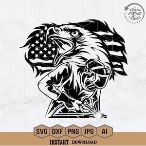 May include: Black and white vector illustration of a welder wearing a welding mask and holding a welding torch. The welder is standing in front of an American flag with an eagle's head in the background.