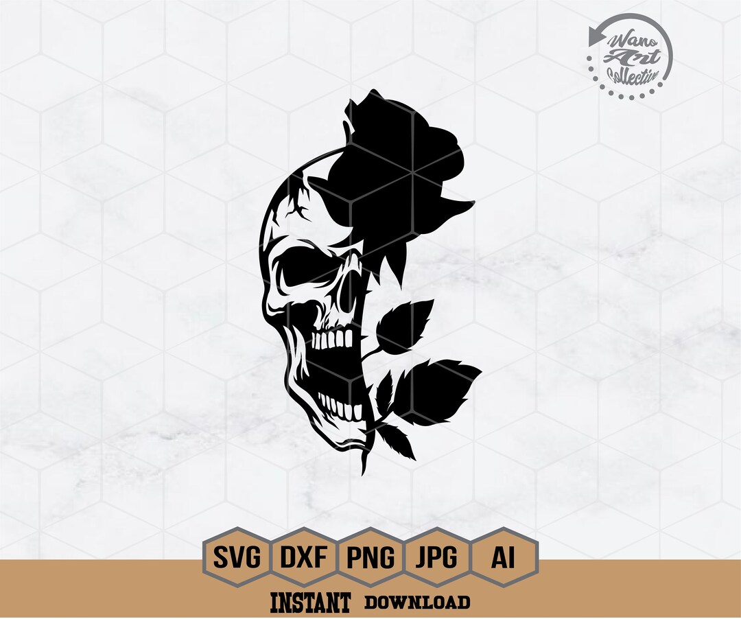 Skull Rose Svg | Skull With Flower Svg | Skull Svg | Half Skull Floral ...