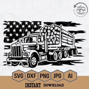May include: Black and white illustration of a semi-truck hauling logs against a distressed American flag background. The truck has a large cab and a long trailer. The logs are stacked high on the trailer. The image is a vector illustration and is suitable for use in digital and print projects.