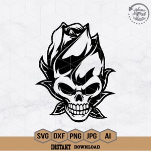 May include: Black and white illustration of a skull with a rose growing out of the top of its head.