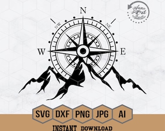 Kompas-svg | Nautisch kompas | Berg-svg | Avontuur-svg | Natuurscène Clipart | Camping Cricut | Glowforge-png | Natuurliefhebber-snijbestand