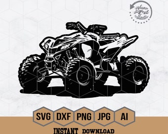 May include: Black and white silhouette of an ATV, or all-terrain vehicle, with four large wheels. The ATV is facing the viewer with the front wheels turned slightly to the left. The ATV is a popular recreational vehicle for off-road driving.