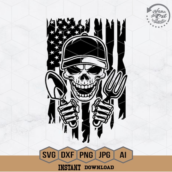 US Skull with Garden Tools Svg | Farm Tools Svg | Skull Gardener Svg | Gardening Tools Svg | Gardening Shirt | Planting Clipart | Png Dxf