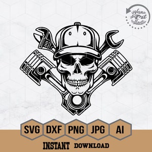 May include: Black and white illustration of a skull wearing a baseball cap and holding two wrenches and two pistons. The skull is wearing a cap with the text "Wano Art Collective".