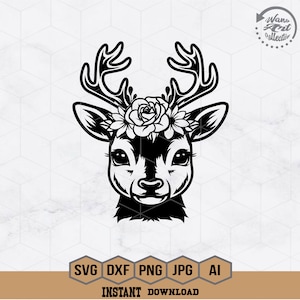 Floral Baby Deer Svg | Cute Deer Svg | Deer with Flowers  Svg | Cute Animal Svg | Baby Deer Clipart | Deer Hunting Clipart | Png Eps Dxf Ai