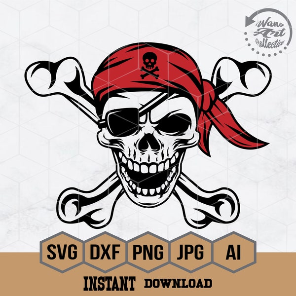 Pirate Skull with Red Bandana Svg | Skull Svg | Crossed Bones Svg | Jolly Roger Svg | Corsairs Svg | Pirate Skull Clipart | Pirate Png | Eps