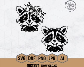 Cute Floral Raccoon Svg, Raccoon Svg, Floral Animal Svg, Floral Raccoon Svg, Cute Animal Face Svg, 2 Baby Raccoon Cutfile