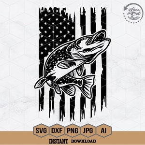 Pike Fish Svg | Pike Fishing Svg | Freshwater Fish Svg | Fishing Shirt | Pike Fish Png | USA Flag Svg | Lake Fishing Clipart | Png Eps Dxf