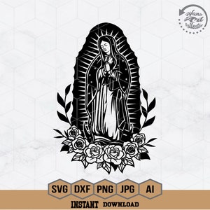 May include: Black and white silhouette of the Virgin Mary with a crown of stars, standing in a prayer pose with hands clasped. She is surrounded by a halo and roses.