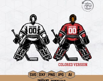 May include: A black and white illustration of a hockey goalie with a red and white jersey. The goalie is wearing a helmet and pads. The jersey has the text "YOUR NAME" and the number "00" on it. A colored version of the illustration is also shown.