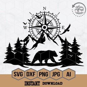 Könnte beinhalten: Schwarz-weißes Silhouettendesign eines Bären, der vor einer Bergkette mit einem Kompass und Kiefern geht. Der Kompass zeigt die Richtungen N, NE, E, NW, W und S. Der Text "Wano Art Collection" befindet sich in einem Kreis über dem Kompass.
