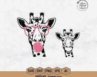 Giraff med ballong Svg | Giraff Svg | Söt rolig giraff ansikte glasögon Svg | Giraff Clipart | Söt giraff Svg | Giraff klippfiler | Png