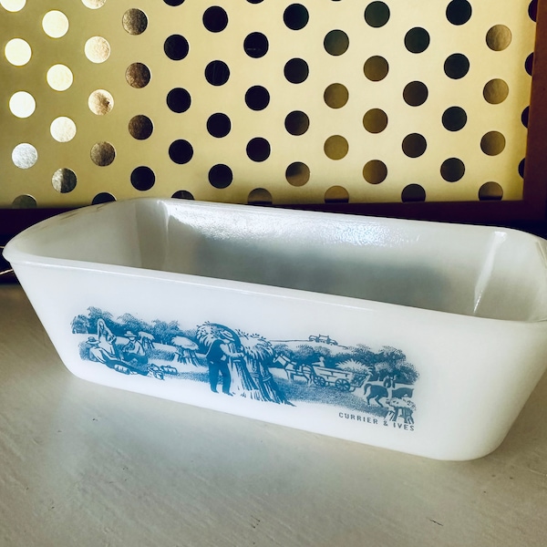 1960s Vintage Glasbake milk glass loaf pan- Currier & Ives Blue Field Design