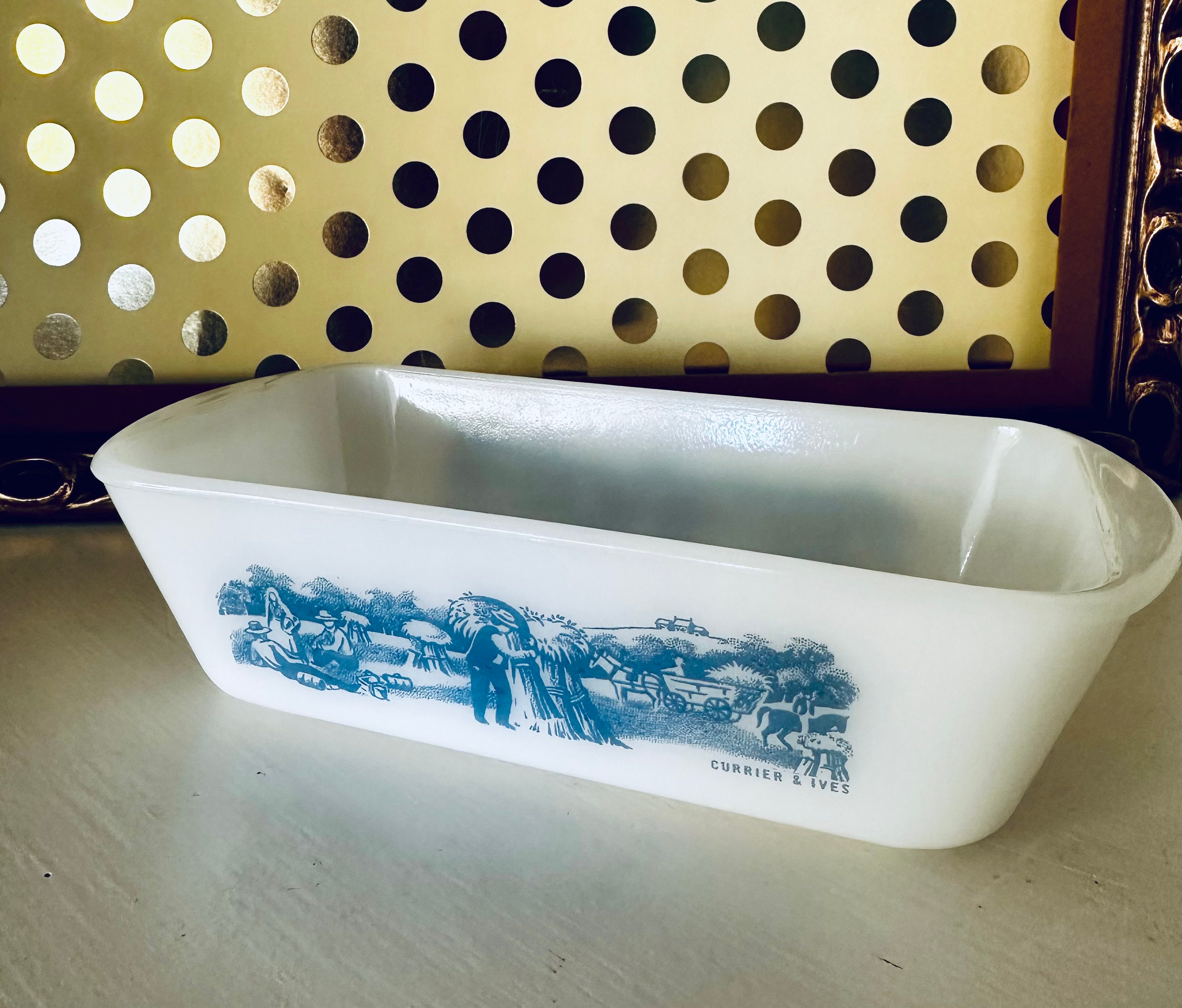 1960s Vintage Glasbake Milk Glass Loaf Pan Currier & Ives Blue Field