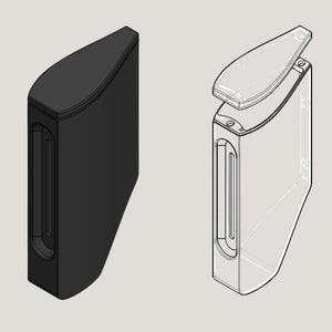 May include: A black plastic container with a removable lid. The container has a rectangular shape with a curved top and a slot on the front.