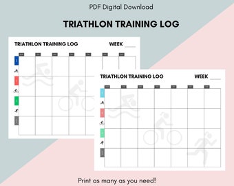 May include: Two printable triathlon training logs with a black and white grid and icons for swimming, biking, and running. The text "TRIATHLON TRAINING LOG" and "WEEK" is at the top of each log.