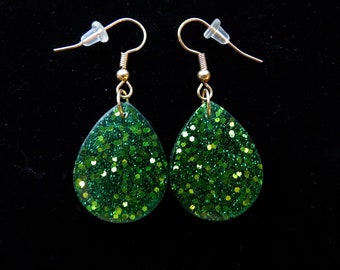 Green glitter resin teardrop earrings (small)