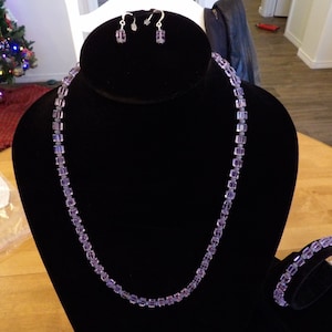 Lavender blue crystal and glass necklace, bracelet and earring set