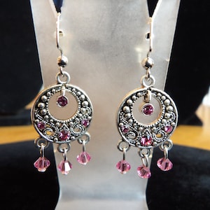 Pink rhinestone and crystal silver toned chandelier earrings