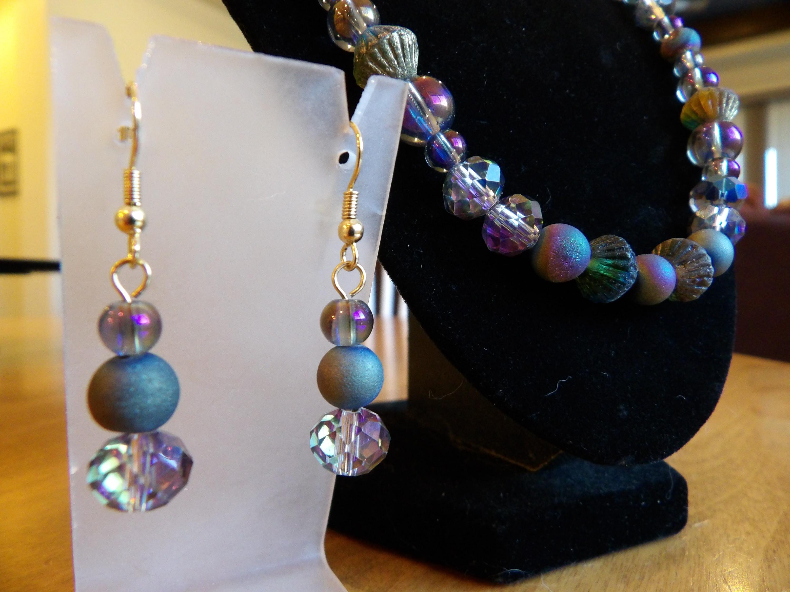 Collier, Boucles D'oreilles, Bracelet Fait Main - Perles Verre/cristal, Pendentif Agate Druzy