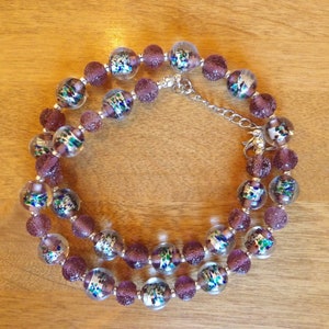 Purple and silver lampworked glass bead necklace