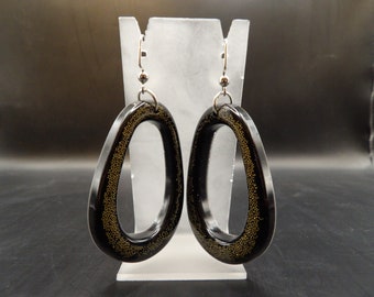 Gold and black resin hoop drop earrings