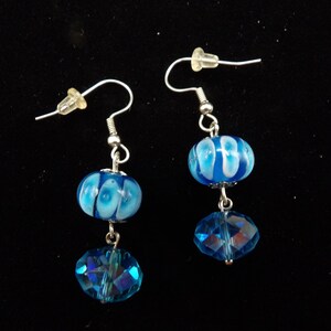 Blue and white lampworked and faceted fire-polished Czech glass dangle earrings