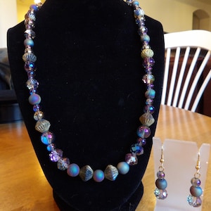 Iridescent druzy agate and aurora borealis crystal necklace and earring set