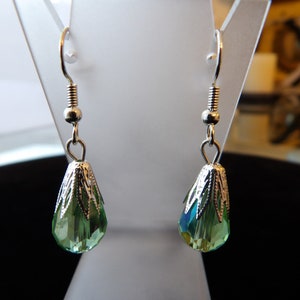 Silver topped green aurora borealis teardrop earrings