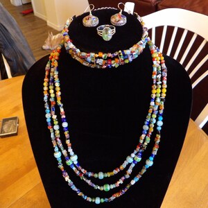 Three-strand millefiori necklace, bracelet, ring, and earring set