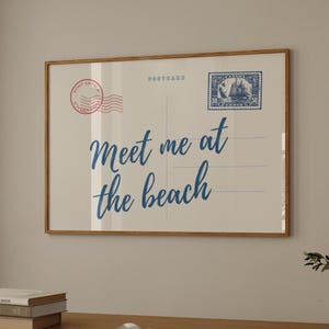 Meet Me at the Beach Vintage briefkaartkunstdruk | Stranddecor kleindochter aan de kust | Nautische typografieposter | Trendy zomerstrandhuis