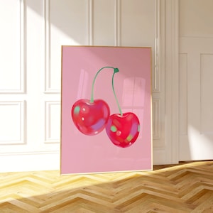 Glossy Cherry Candy Wall Art, Classy Fun Feminine Poster, Coquette Pink Bow Soft Girl Bedroom Decor, Trendy Pop Wall Art, Preppy Dorm Art