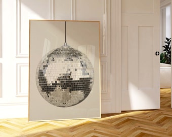 Disco Ball Statement Wandkunst, Spiegelball Poster, minimalistisches Luxus modernes Design, ästhetisches trendiges Retro Fun Dekor, 70er Jahre Glamour