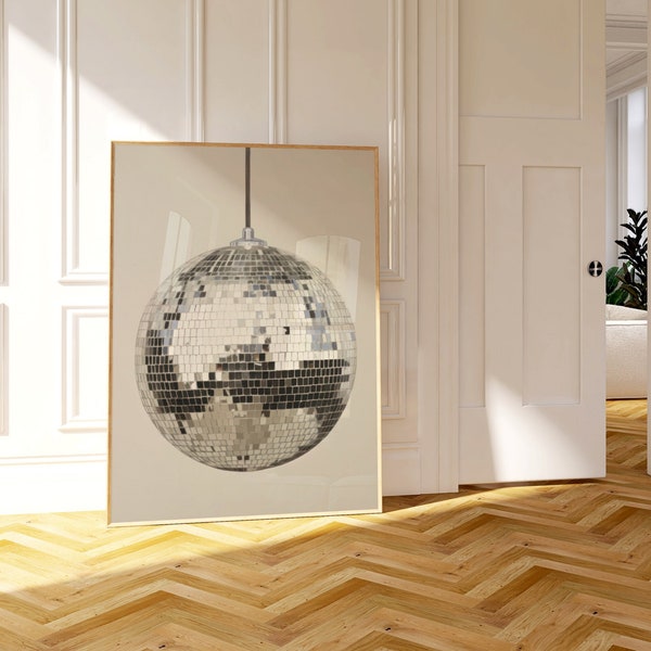 Disco Ball Statement Wandkunst, Spiegelball Poster, minimalistisches Luxus modernes Design, ästhetisches trendiges Retro Fun Dekor, 70er Jahre Glamour