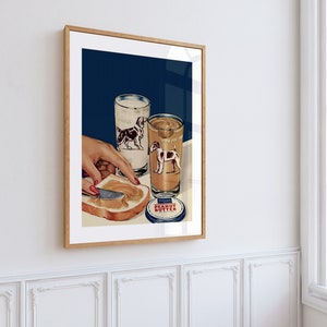 Vintage Breakfast Poster, Trendy Retro Wall Art, Food & Drink Poster, Aesthetic Print, Bedroom Wall Art, Cottage Core, Coffee, Dog Portrait