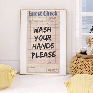 Was je handen, Retro Guest Check Poster, Trendy Preppy Dorm Decor, Badkamer Wall Art, Minimalistische Esthetiek, Statement Bar Cart Print