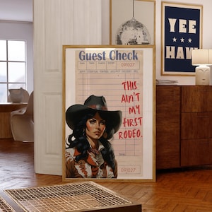 To nie moje pierwsze rodeo, plakat z czekiem gościa w stylu retro western, modny wystrój pokoju kowbojki i kowbojki w stylu preppy, cytaty z południowego zachodu, sztuka ścienna wózka barowego