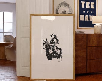 Cowgirl Horse Art Print, Retro Western Decor (Digital Download)