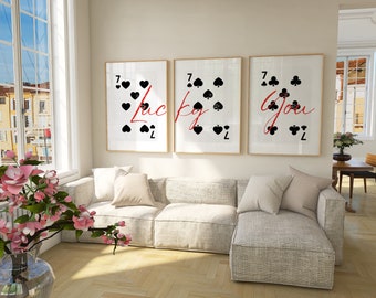 Lucky You Poster, Trendy Retro Wall Art Set Of 3, Black Ace Card Poster, Lucky 7, Poker Card Set of 3, Funky Cute Apartment Decor