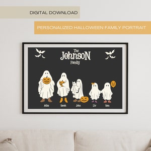 Halloween Ghost Family With Pets Custom Family Portrait Halloween Decor Sign, Halloween Printable Wall Art Personalized Halloween Gifts