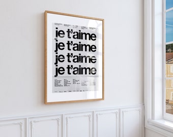 Minimalist French Je t'aime Wall Art, Black and White Love Quote Wall Art, Elegant Romantic Decor, Trendy Wedding Favor, Anniversary Gift