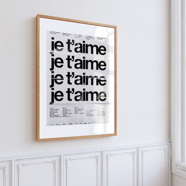 Minimalist French Je t'aime Wall Art, Black and White Love Quote Wall Art, Elegant Romantic Decor, Trendy Wedding Favor, Anniversary Gift