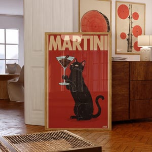 Póster de gato negro con espresso y martini para pared, decoración de bar vintage para el hogar, regalo para amantes de los gatos, impresión de arte minimalista moderno